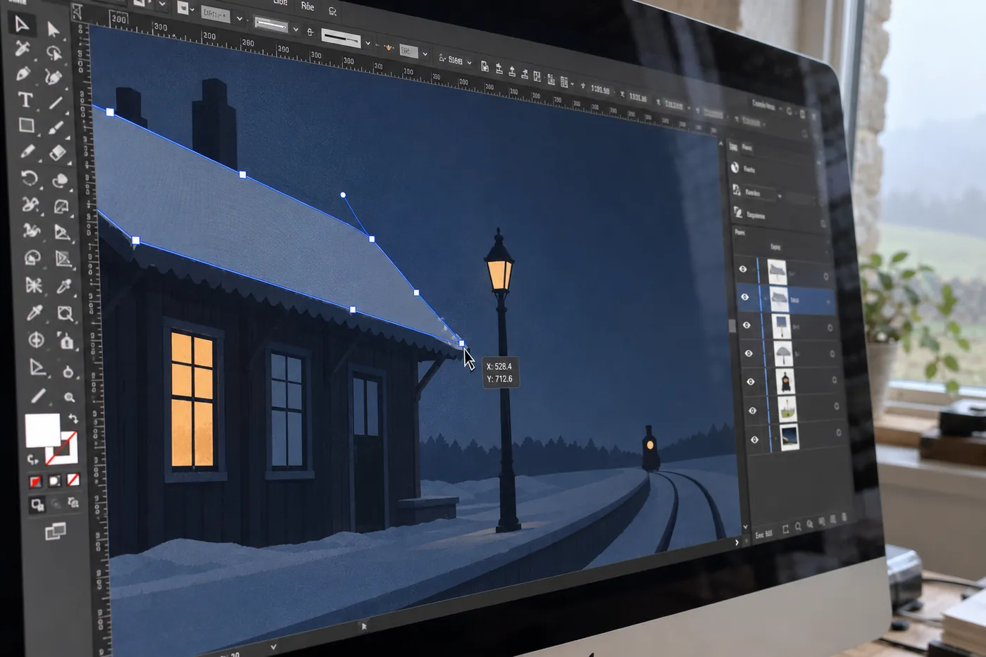 Close on the iMac screen: the Anna Karenina station roof selected in Illustrator, its anchor points and handles showing, the Layers panel beside it.