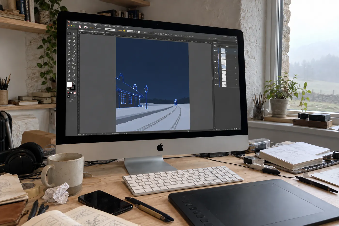 The iMac in the barn with Anna Karenina half built in Illustrator: sky and snow finished, the station, lamp and train still blue outline paths.
