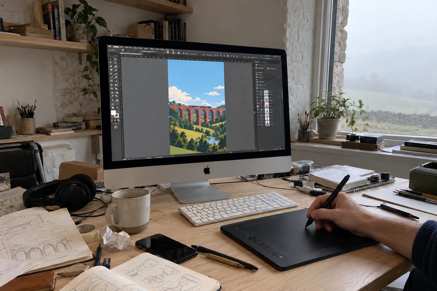 A converted barn studio in the Peak District on a misty morning: an iMac open in Illustrator with the noon viaduct on its artboard, a hand in a navy jumper drawing on a Wacom tablet, sketches, headphones and a mug on a pale ash desk.