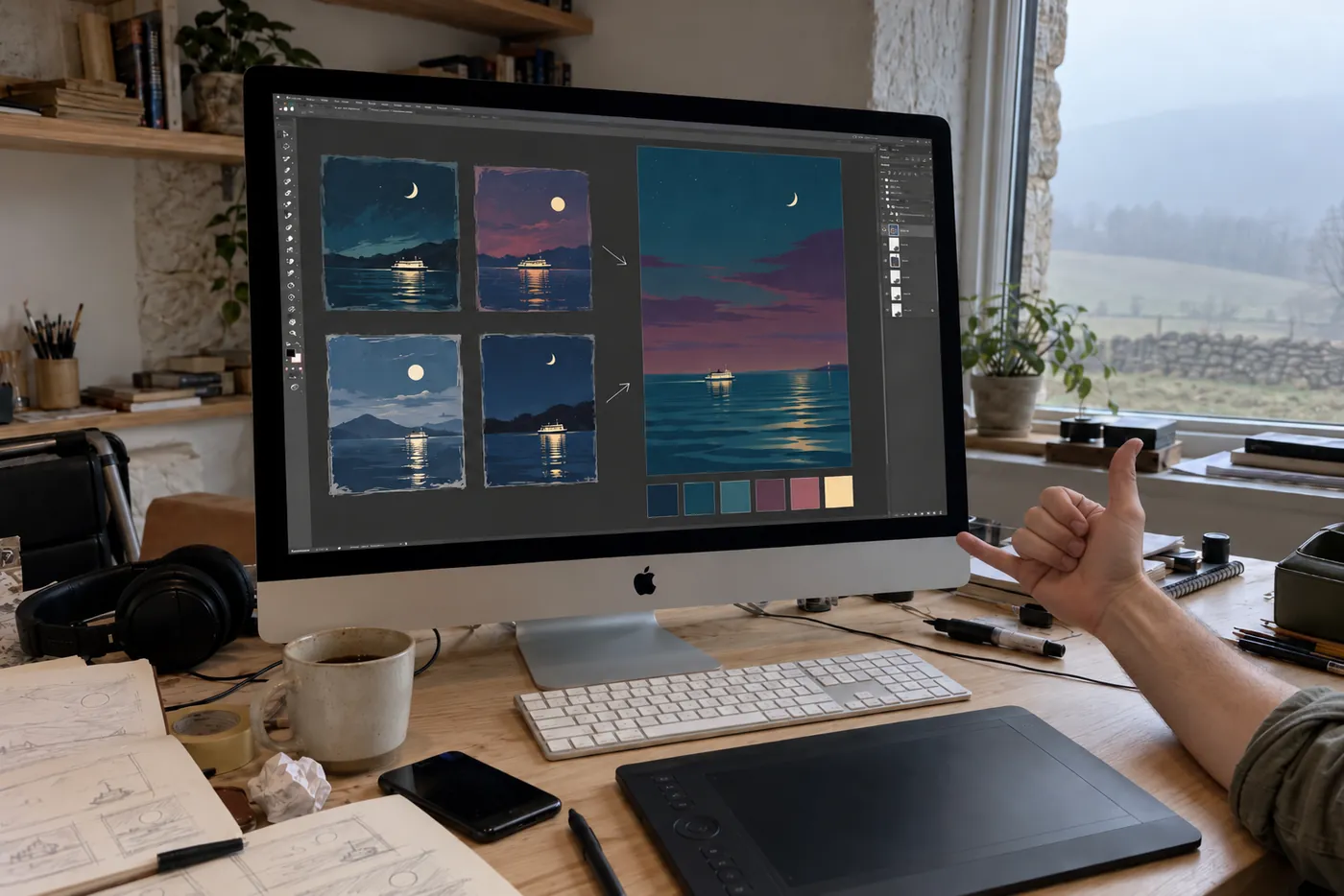 On the iMac, four rough image-model drafts of the Night Ferry on the left and the finished picture with its palette on the right, and a hang-loose hand at the edge of the frame.