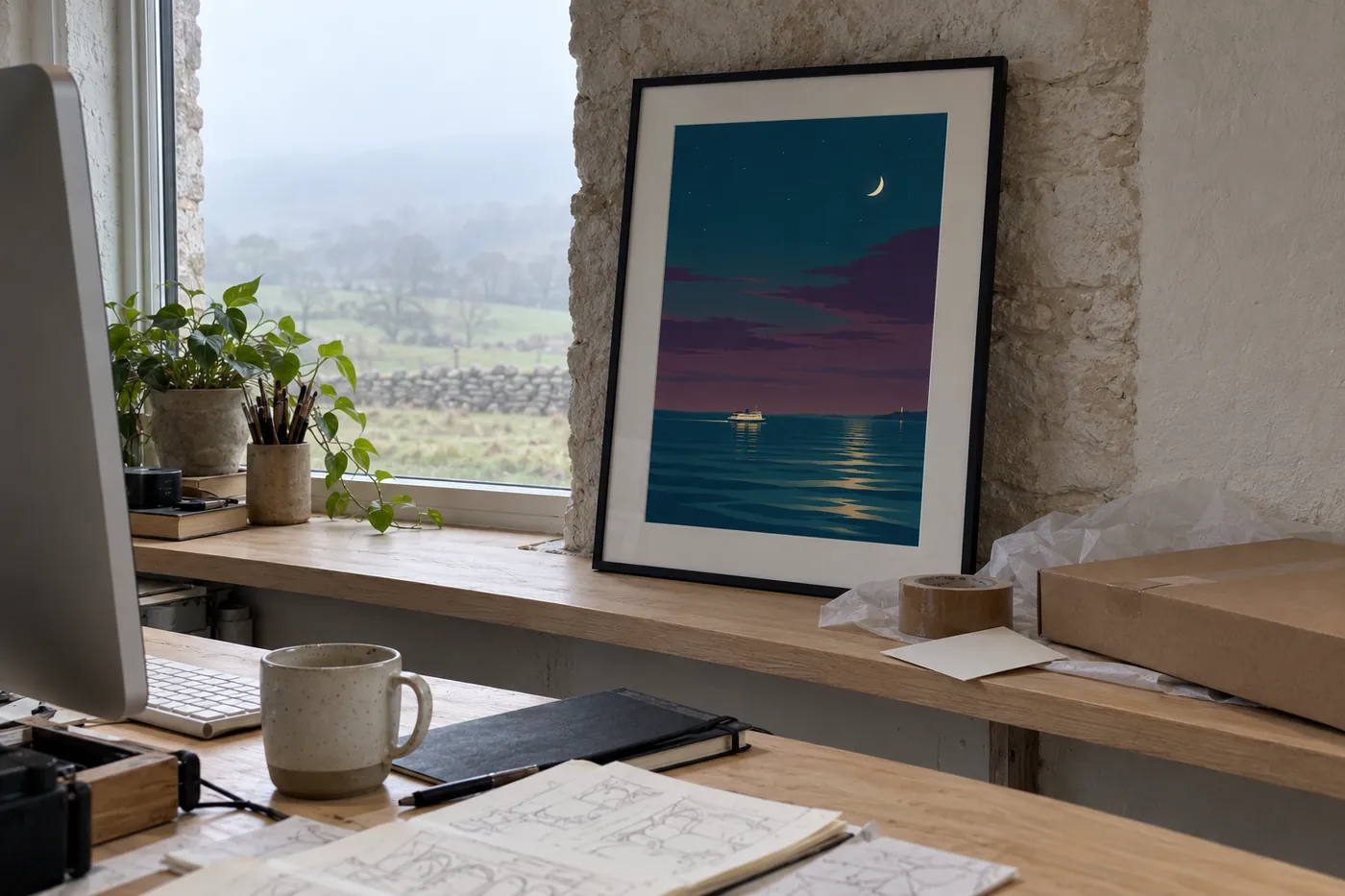 The Night Ferry print framed in black on the shelf under the studio window, the misty moor outside, with tissue, tape, a card and a box ready to post.