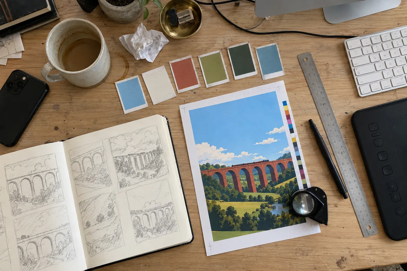 Overhead on the desk: printed swatch cards for the viaduct palette, a proof print with a colour bar and a loupe, a sketchbook of viaduct thumbnails, the Wacom pen and tablet, and a mug of tea.