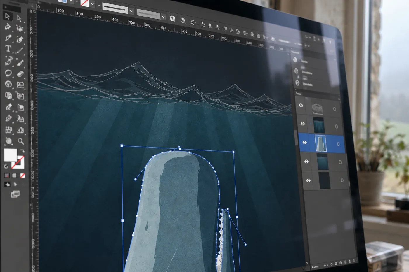 Close on the iMac screen: the whale selected on its own layer in Illustrator, the sea above in outline mode, the Layers panel with the whale row highlighted.