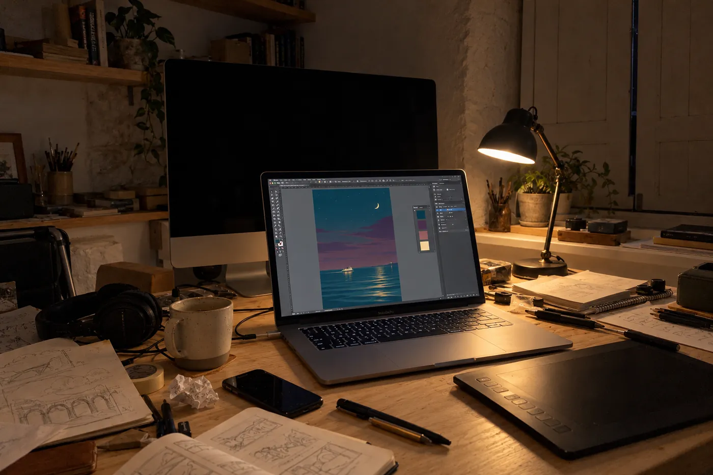 The studio desk late at night, shutters closed and a desk lamp on: the iMac asleep, the laptop open on the Night Ferry with its swatches.