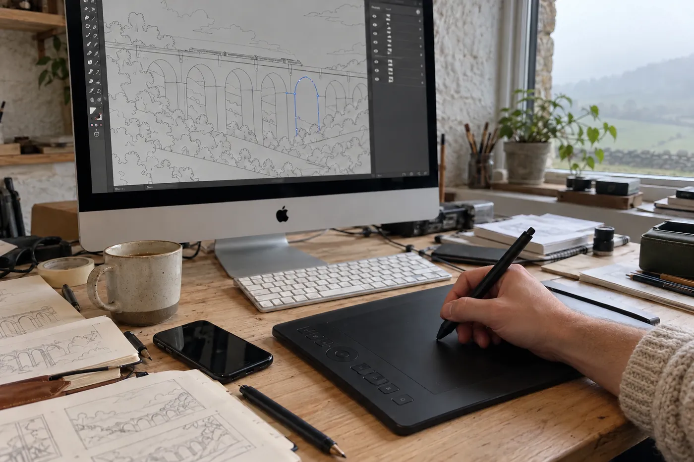 A hand drawing on the Wacom tablet while the iMac behind shows the viaduct in outline mode, one arch being traced in blue.