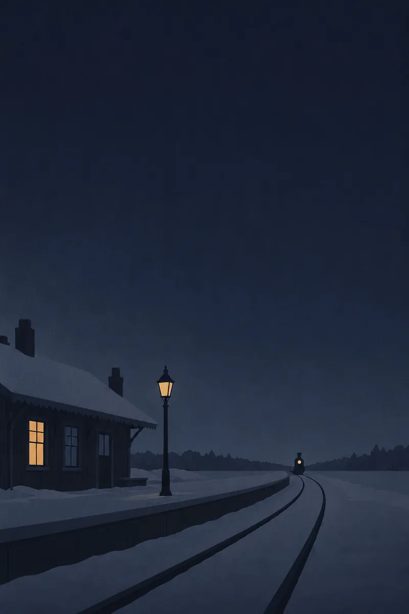 The Anna Karenina page: a small country station at night in deep snow.