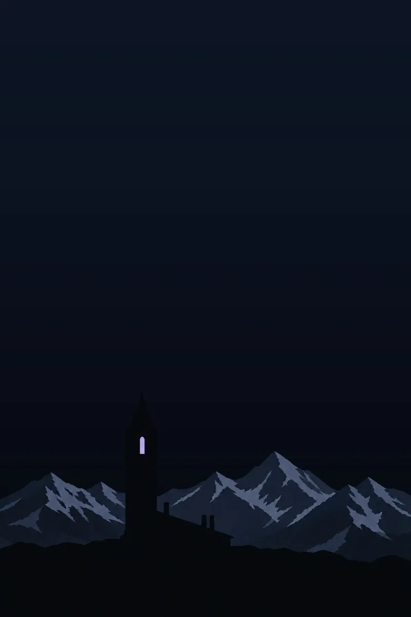 A dark tower among snow peaks with one violet window lit, the sky left open for the thunder and rain that are drawn over it live.