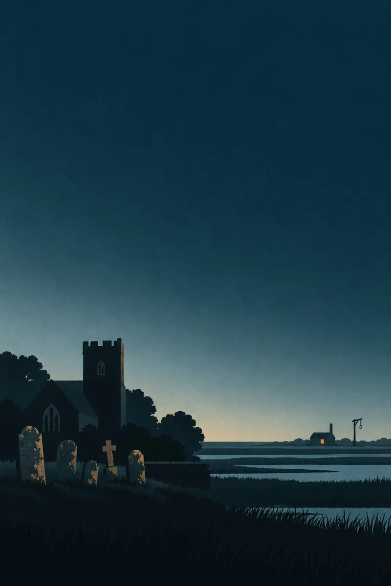 A church and its graves on the marshes at dusk, the estuary beyond.