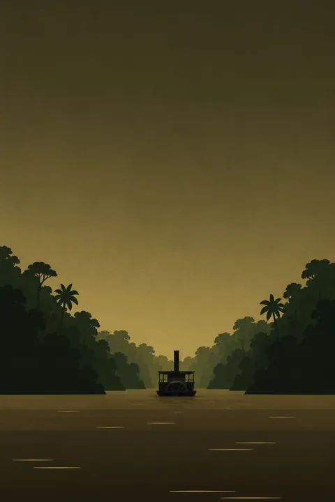 A small steamer on a brown river between walls of jungle, under an ochre sky.