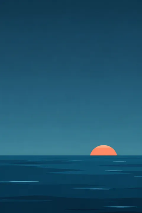 A flat turquoise sea and a coral sun half under the horizon.