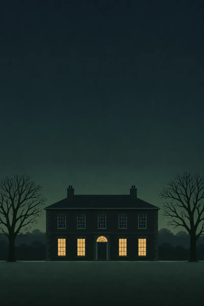 A Georgian house at night with its windows lit, bare trees either side.