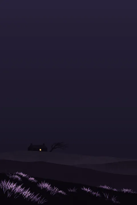 A farmhouse alone on the moor under a violet sky, heather in the foreground.