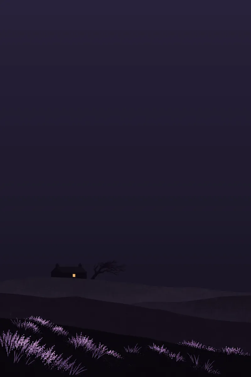 A farmhouse alone on the moor under a violet sky, with rain moving over it.