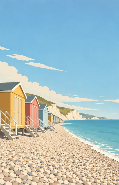 Beach huts in mustard, coral and blue on a shingle beach on a bright morning.