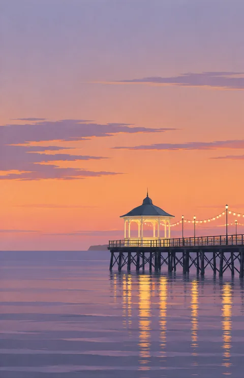 A white bandstand at the end of a pier at dusk, strung with warm lights.