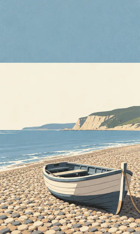 Cover artwork: a rowing boat on a pebble shore under a pale blue band.