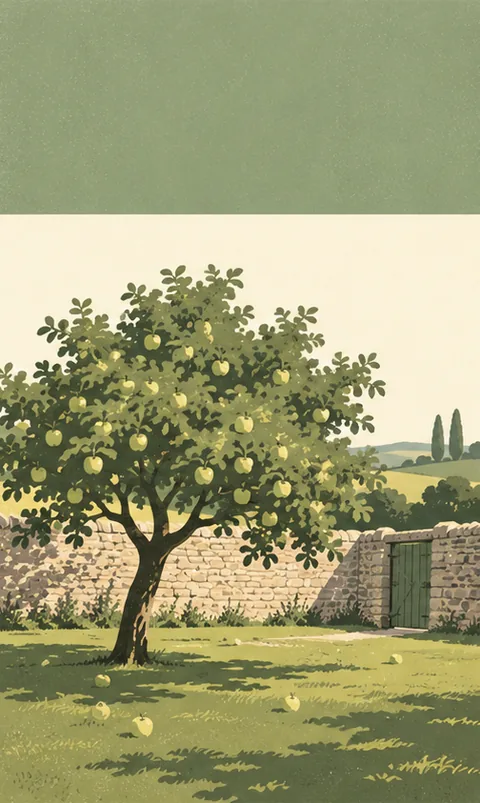 Cover artwork: an apple tree in a walled orchard under a sage band.