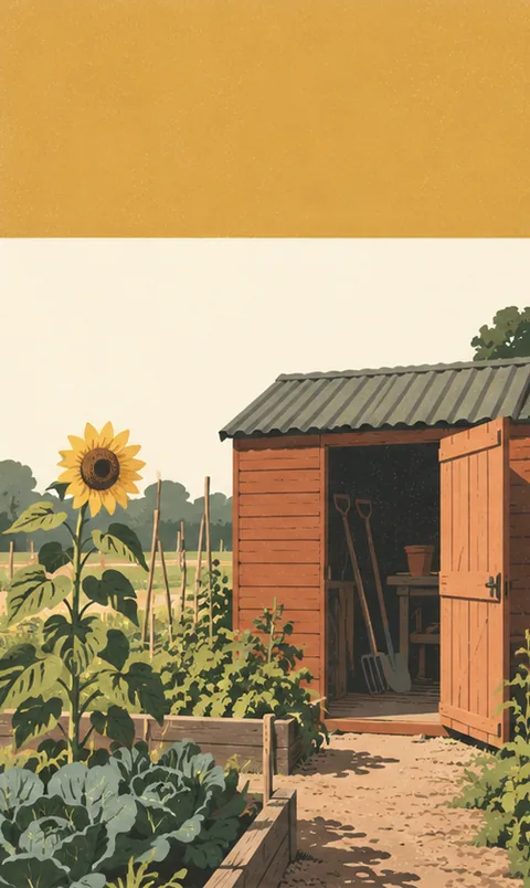 Cover artwork: an allotment shed and a sunflower under an ochre band.