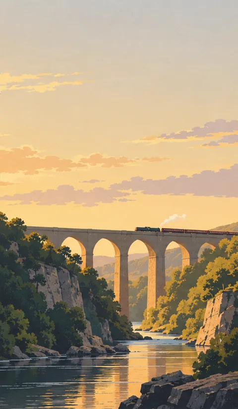 A tall stone viaduct over a river gorge in golden afternoon light.