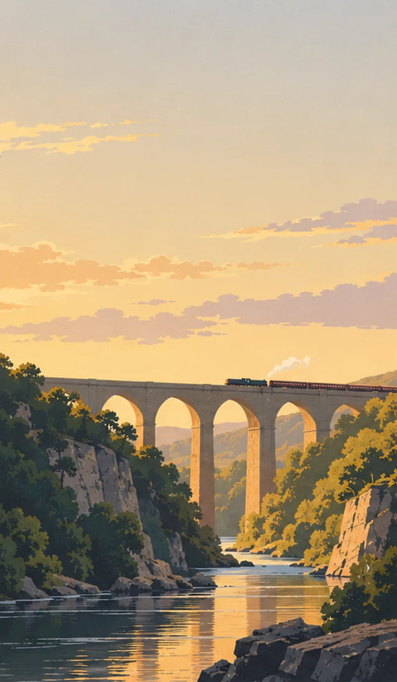 A tall stone viaduct over a river gorge in golden afternoon light.