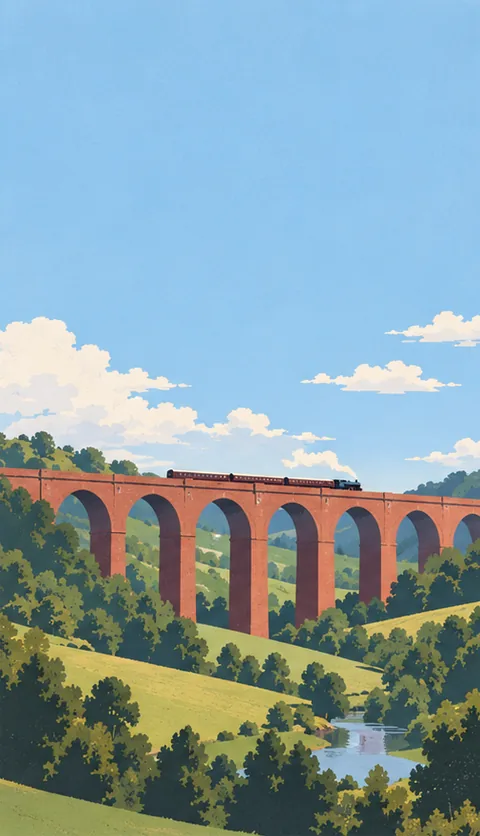 A red-brick viaduct across a green valley at noon, a puff of steam on top.
