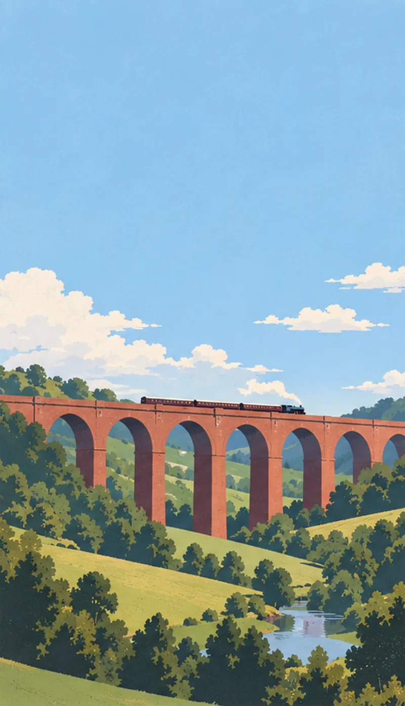 A red-brick viaduct across a green valley at noon, a puff of steam on top.