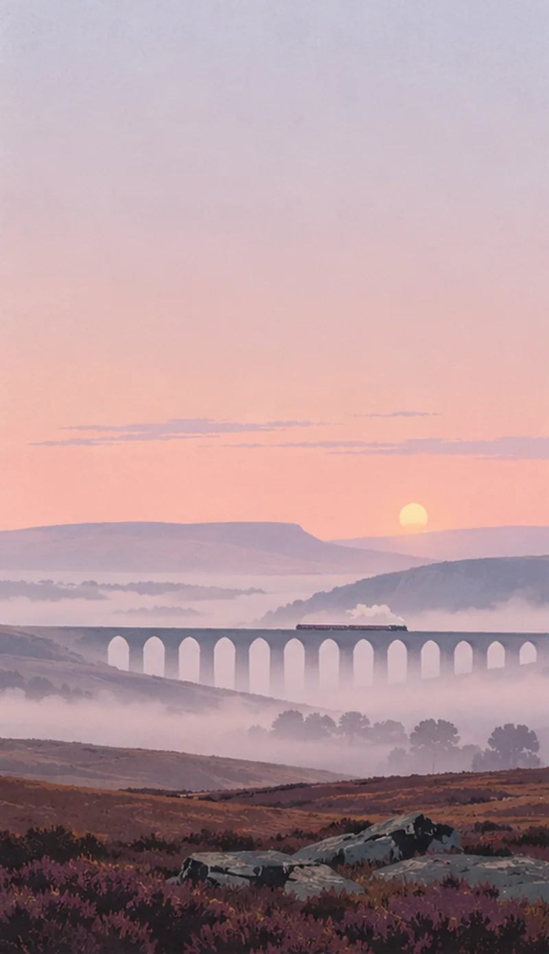 A long viaduct across a misty moor at first light, pink and grey.