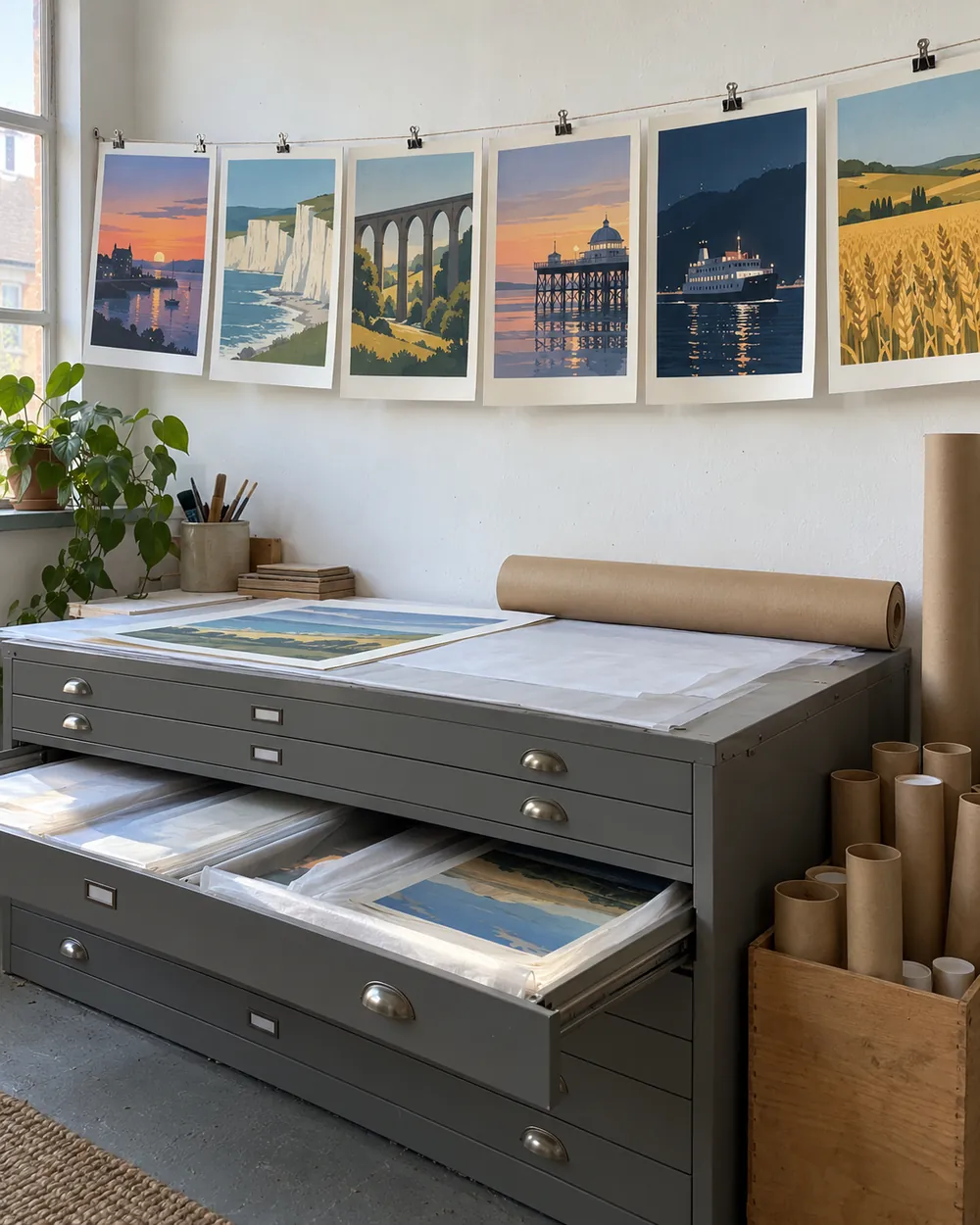 Six prints drying on a line above a grey plan chest, with rolls of paper and posting tubes.